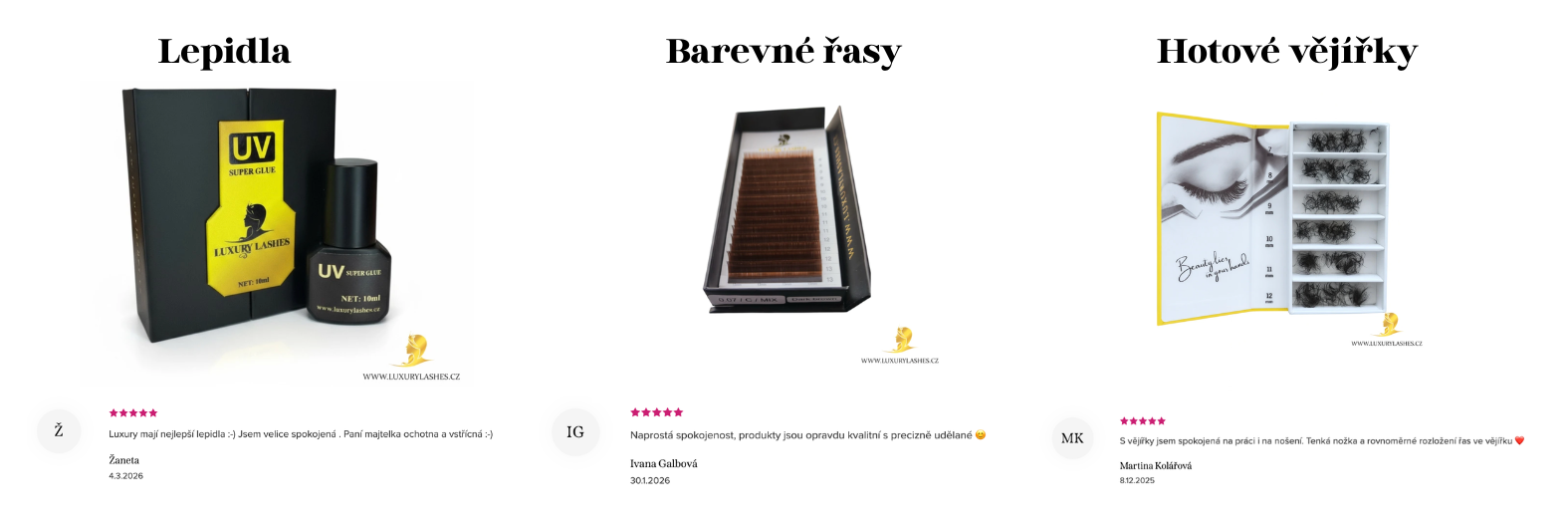 Koláž produktů Luxury Lashes: UV lepidla, barevné řasy a hotové vějířky